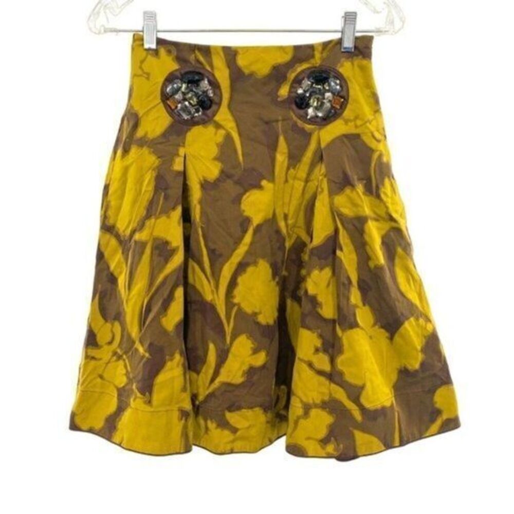 Mango Womens Midi Skirt Yellow Brown Silk Pleated Beaded Floral